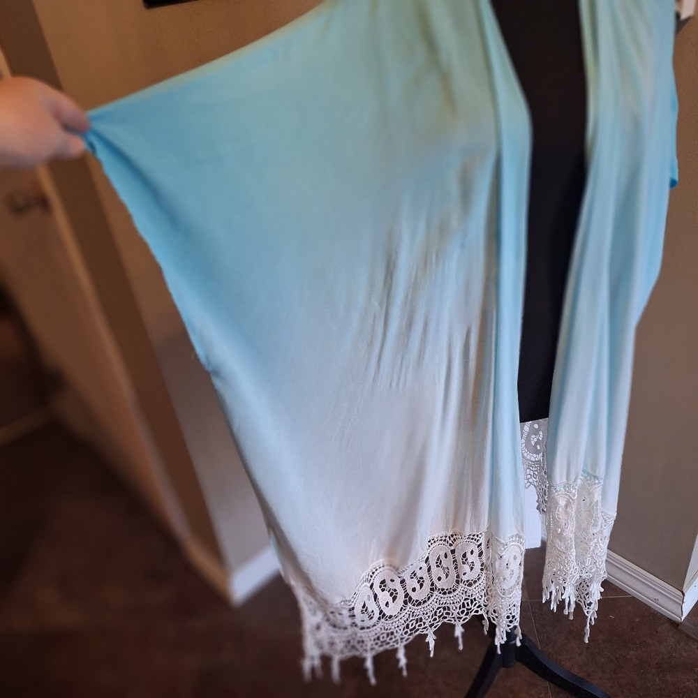 Chico's Coastal Boho vibes Teal White Women's Flowy Kimono Cover Up L/XL - Picture 3 of 16